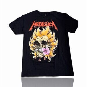 Metallica T-Shirt Mens M Black Pushead Flaming Skull & Flower Graphic